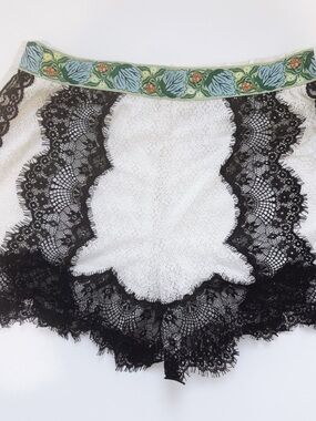 Anna Sui White Lace Hipster with Black Lace Trim and Green Floral Waistband
